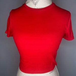 SWS Essentials (PacSun) L Red Ribbed Short Sleeve Fitted Shirt Top